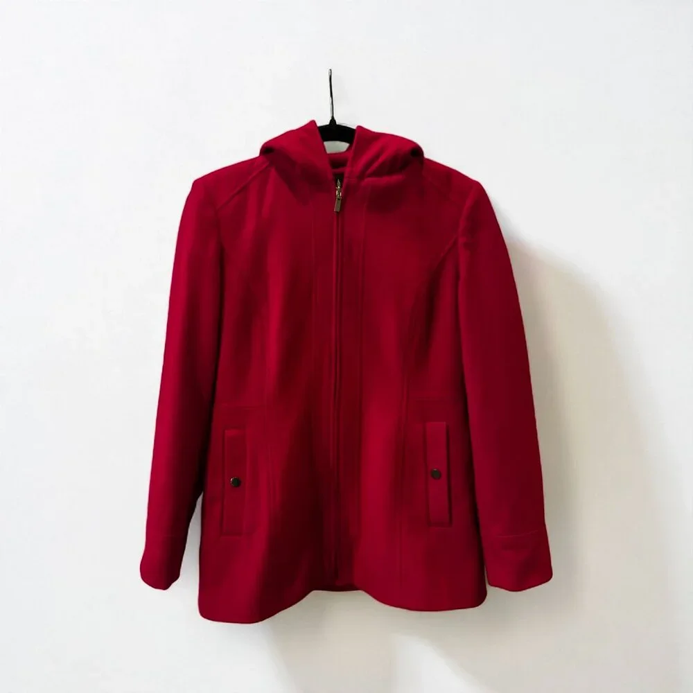 London Fog Wool Blend Pea Coat Red Hooded Zip Closure Women's Size Small - Picture 2 of 5